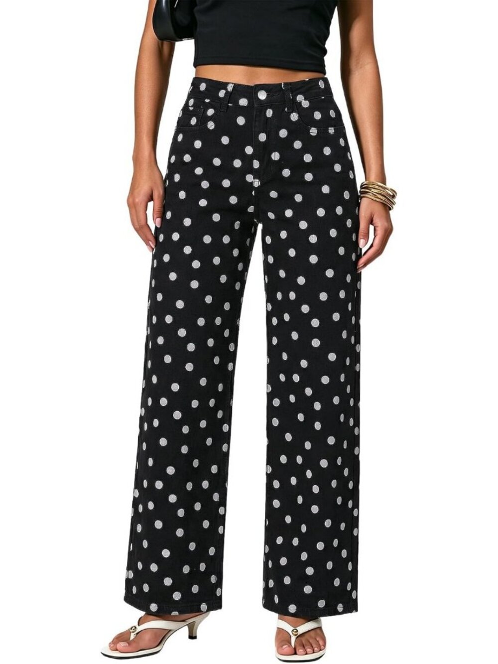 High-Waisted Wide Leg Polka Dot Jeans for Women | Stretchy Denim Pants